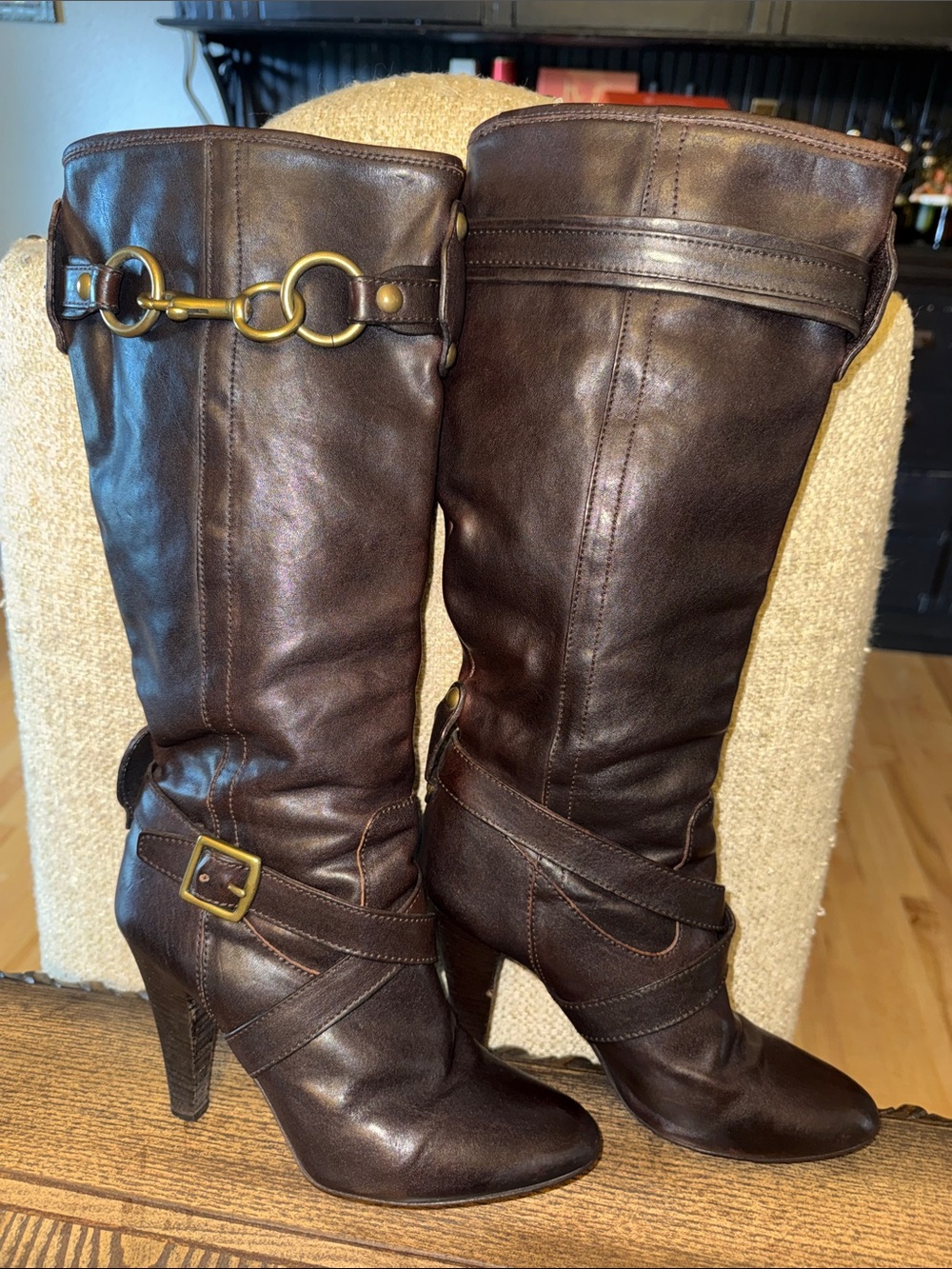 Coach Maribelle Dark Brown Leather Heeled Riding Boots with Brass Horsebit 2008